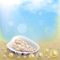 Sea shell with a brown pattern with pearls inside lies on the sand on a blue sky