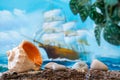 Sea shell close-up on a background of a sailing sailboat