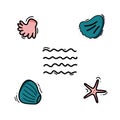 Sea shell doodle illustration. Hand drawn starfish and waves. Vector collection of various sea shell in outline hand Royalty Free Stock Photo