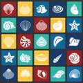 Sea Shell icons set on color squares background for graphic and web design. Simple vector sign. Internet concept symbol Royalty Free Stock Photo