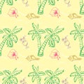 Sea shell, palm tree seamless pattern.