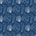 Seashell pearl line art seamless pattern. Summer time beach shell. Vector hand drawn seashell. Royalty Free Stock Photo