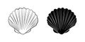 Sea shell, scallop vector illustration set. Seashell outline and silhouette icons