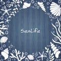 Sea shell, starfish, seaweed, coral and bubble water on wooden vector background. Royalty Free Stock Photo
