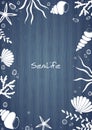 Sea shell, starfish, seaweed, coral and bubble water on wooden vector background. Royalty Free Stock Photo