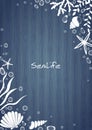 Sea shell, starfish, seaweed, coral and bubble water on wooden vector. Royalty Free Stock Photo