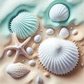 Sea Shell Texture Background, Colorful Seashell Pattern, Sea Shells on Sand, Abstract Generative AI Illustration Royalty Free Stock Photo