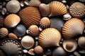 Sea shells beach background. Shell texture background. Pebble sea beach close-up. Generative AI