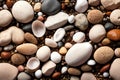 Sea shells beach background. Shell texture background. Pebble sea beach close-up. Generative AI