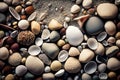 Sea shells beach background. Shell texture background. Pebble sea beach close-up. Generative AI