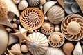 Sea shells beach background. Shell texture background. Pebble sea beach close-up. Generative AI
