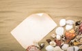 Sea shells on beach sand with old paper. Summer Royalty Free Stock Photo