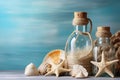 Sea Shells Blue Background, Seashells, Rope and Bottles Mockup in Rustic Style Texture, Wood Royalty Free Stock Photo