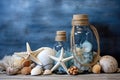 Sea Shells Blue Background, Seashells, Rope and Bottles Mockup in Rustic Style Texture, Wood Royalty Free Stock Photo