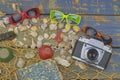 Sea shells on a blue background. Summer traveling time. Sea holiday background with various shells, sunglasses and vintage camera. Royalty Free Stock Photo