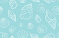 Sea shells blue and white seamless vector background, Ocean pattern, marine seashell print, underwater theme