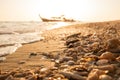 Sea shells and coral fragments sea debris on golden beach morning sunlight with sparkle sand and sea bokeh and silhouette fishing