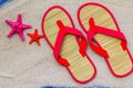 Sea shells flip flops beach sand Royalty Free Stock Photo