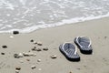 Sea shells and flip flops on sand. Summer beach background. Top Royalty Free Stock Photo