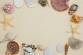 Sea Shells Frame on Neutral Ivory Backgroundwith Copy space for Text. Nautical and Marinne Concept.