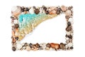 Sea shells frame white background isolated closeup seashells border, blue wave sand beach, turquoise water pattern, copy space