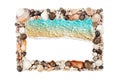 Sea shells frame white background isolated closeup seashells border, blue wave sand beach, turquoise water pattern, copy space Royalty Free Stock Photo