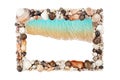 Sea shells frame white background isolated closeup seashells border, blue wave sand beach, turquoise water pattern, copy space