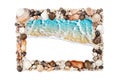 Sea shells frame white background isolated closeup seashells border, blue wave sand beach, turquoise water pattern, copy space