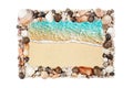 Sea shells frame white background isolated closeup seashells border, blue wave sand beach, summer holidays postcard, travel banner