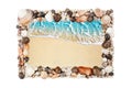 Sea shells frame white background isolated closeup seashells border, blue wave sand beach, summer holidays postcard, travel banner