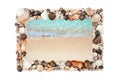 Sea shells frame white background isolated closeup seashells border, blue wave sand beach, summer holidays postcard, travel banner Royalty Free Stock Photo