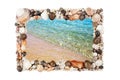 Sea shells frame white background isolated closeup seashells border, blue wave sand beach, summer holidays postcard, travel banner Royalty Free Stock Photo