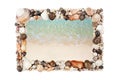 Sea shells frame white background isolated closeup seashells border, blue wave sand beach, summer holidays postcard, travel banner Royalty Free Stock Photo
