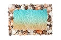 Sea shells frame white background isolated closeup seashells border, blue wave sand beach, summer holidays postcard, travel banner Royalty Free Stock Photo