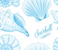 Sea shells Hand drawn blue linear vector illustration.Marine wildlife decorative designer isoalted graphic art element isolated o