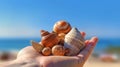 Sea shells in hands. Generative AI Royalty Free Stock Photo