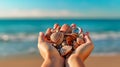 Sea shells in hands. Generative AI Royalty Free Stock Photo