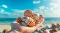 Sea shells in hands. Generative AI Royalty Free Stock Photo