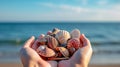 Sea shells in hands. Generative AI Royalty Free Stock Photo