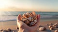 Sea shells in hands. Generative AI Royalty Free Stock Photo
