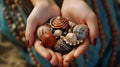 Sea shells in hands. Generative AI. Royalty Free Stock Photo