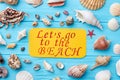 Sea shells, message, blue background.