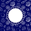 Sea shells navy blue circle rope frame texture background vector