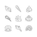 Sea shells pixel perfect linear icons set Royalty Free Stock Photo