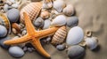 Sea shells on the sand. Starfish sea stones and seashells background. Royalty Free Stock Photo