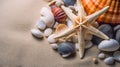 Sea shells on the sand. Starfish sea stones and seashells background. Royalty Free Stock Photo