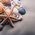 Sea shells on the sand. Starfish sea stones and seashells background. Royalty Free Stock Photo