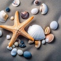 Sea shells on the sand. Starfish sea stones and seashells background. Royalty Free Stock Photo