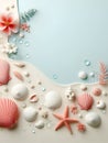 Sea shells and sand. Summer background. AI