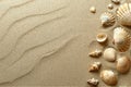 Sea shells on sandy beach. Summer background. Top view. Royalty Free Stock Photo